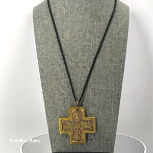 Vintage Pendant brass metal large religious Christian cross fish on black cord